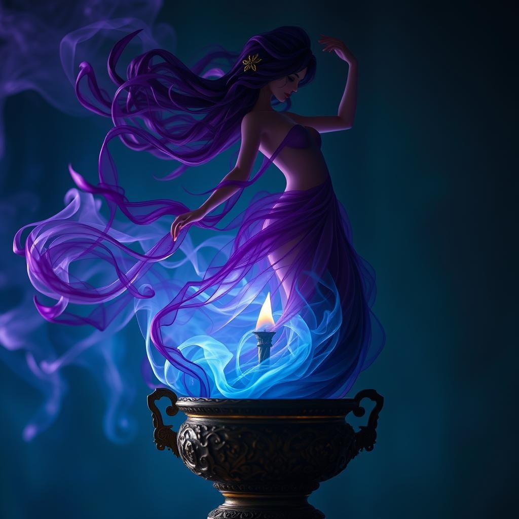 Ethereal Smoke Goddess Dances Amidst Incense Cones in Rich,....