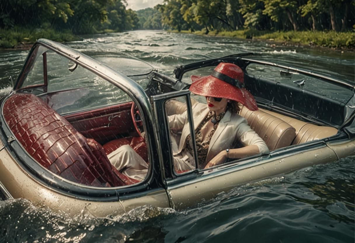 Glamorous Woman Drives Car Through River in a 50s Style Geta...