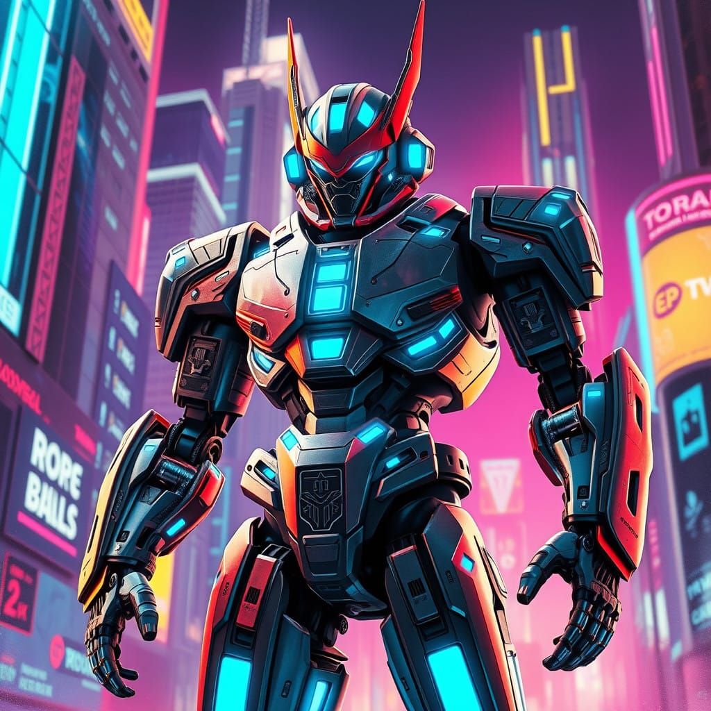 Futuristic Robot Hero in Neon-Lit Cityscape, in Cyberpunk St...