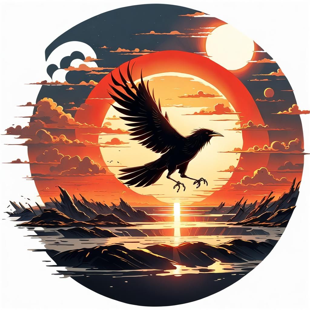 Golden Crow Soars in Front of Vibrant Red Sun