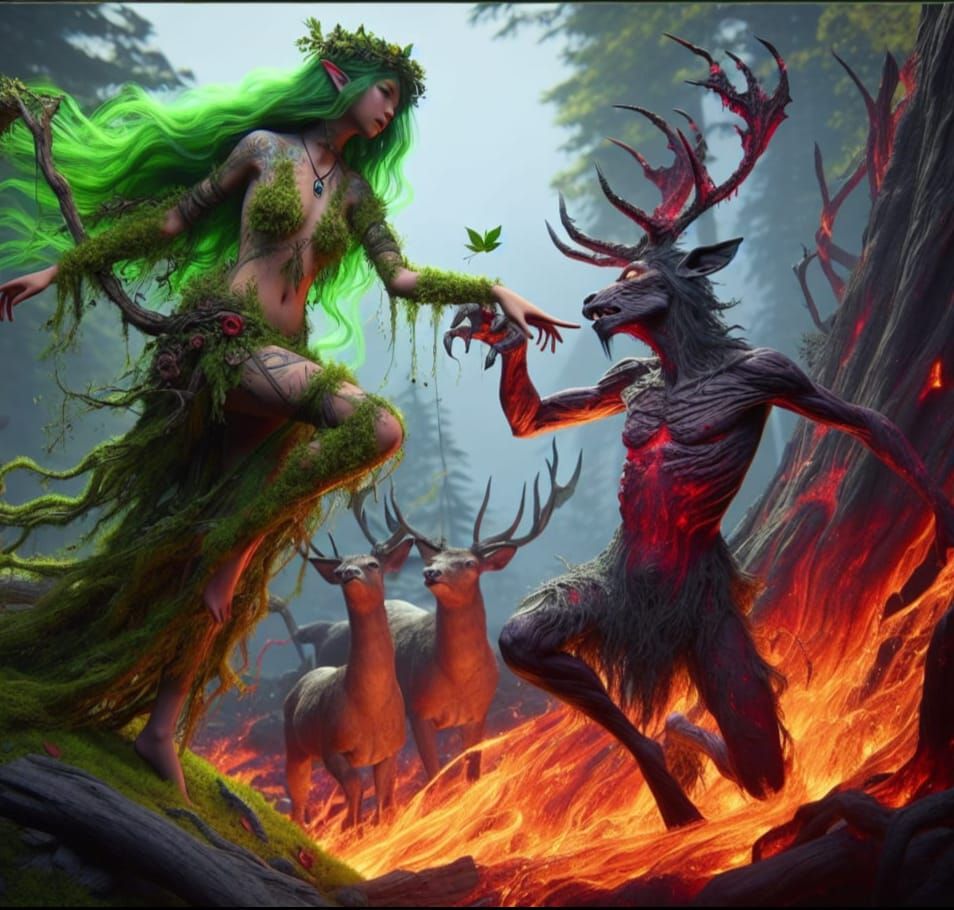 Dryad Druid Girl Confronted by Fiery Satyr in Contrasting Fa...