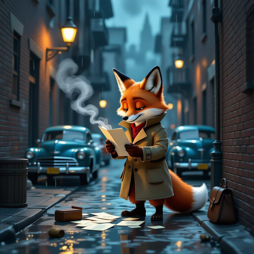 Fox Detective Investigates Noir Alleyway