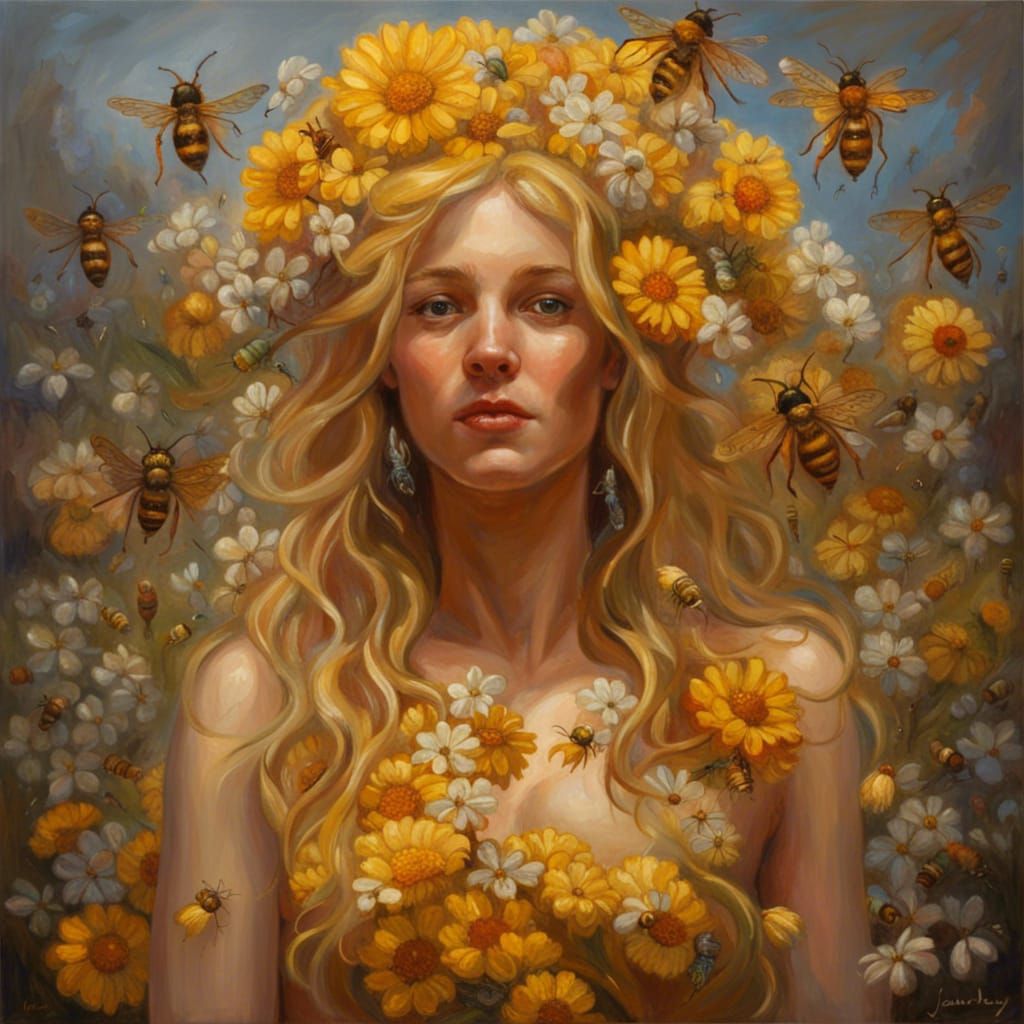 Goddess in Floral Petal Attire, Honey and Bees