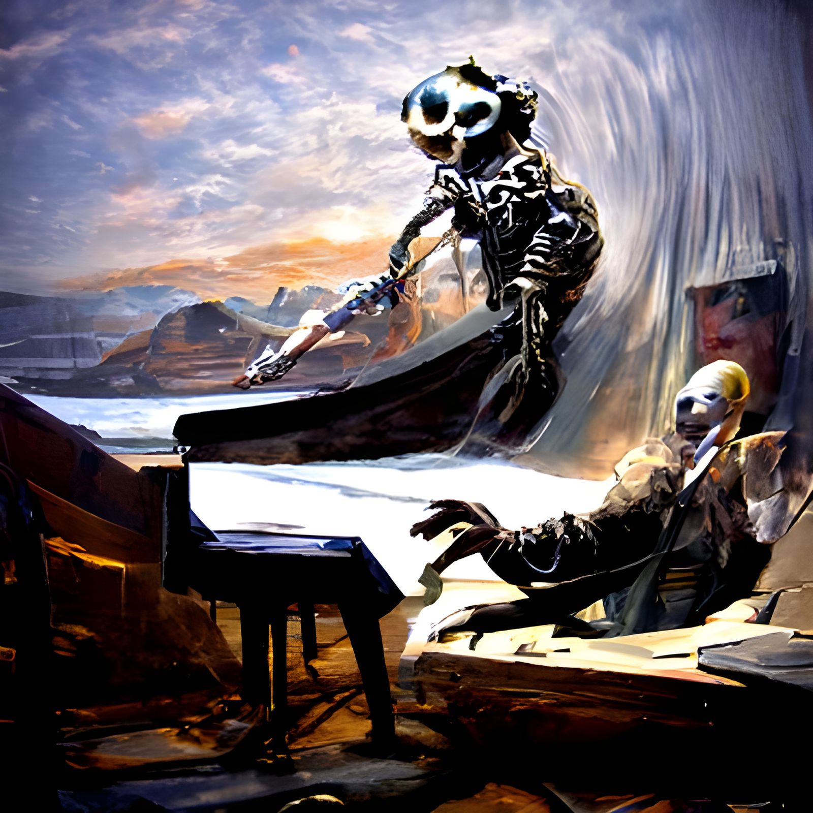 Surreal Oil Painting of a Sinister Skeleton on Piano