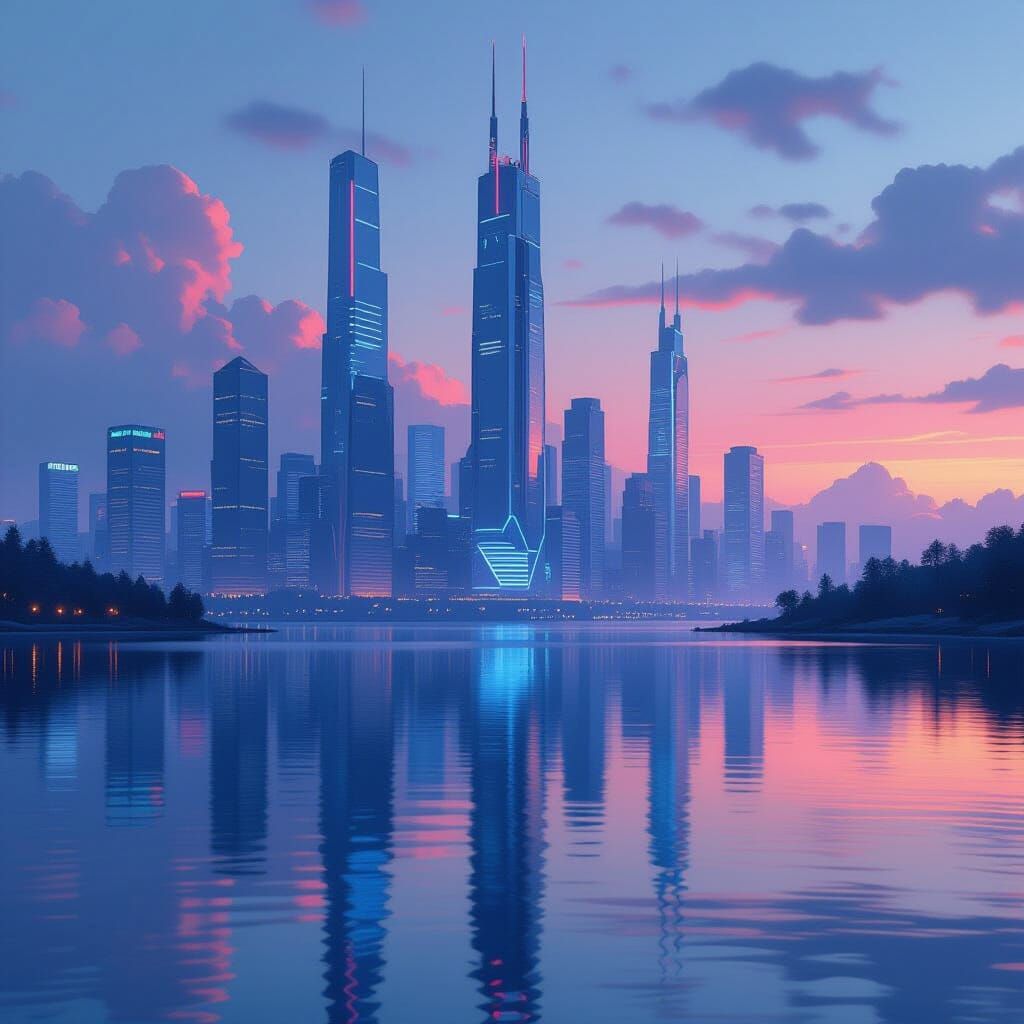 Futuristic Cityscape Reflected in Serene Lake