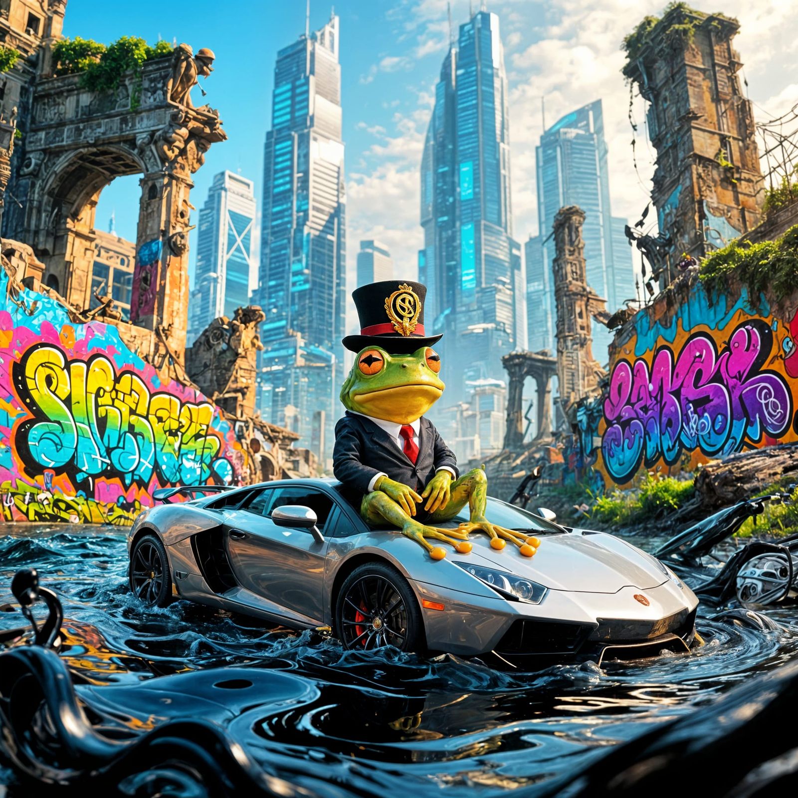 Frog in Graffiti Art Style on a Submerged Car
