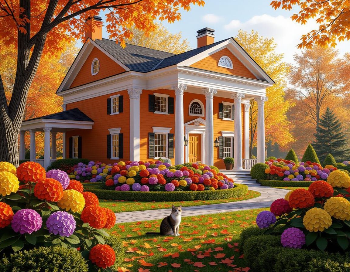 Autumn Park Home with Cat in Hyperrealistic Style
