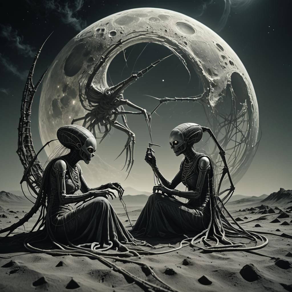 Surreal Arachnid Women Weave on the Moon in a Cinematic Scen...