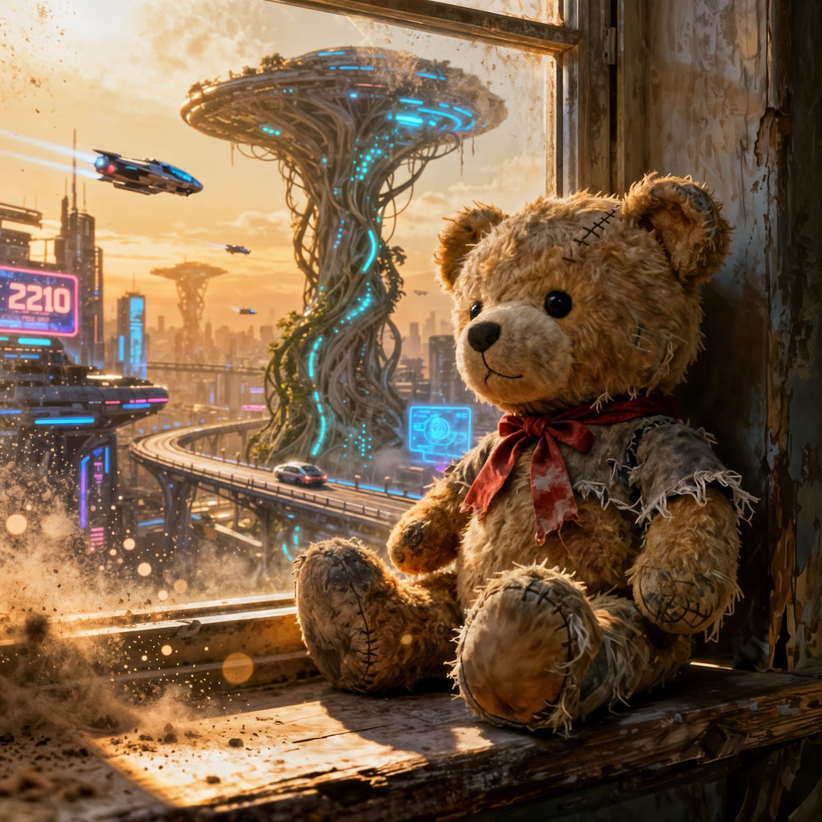 Worn Teddy Bear Overlooks Futuristic Cityscape