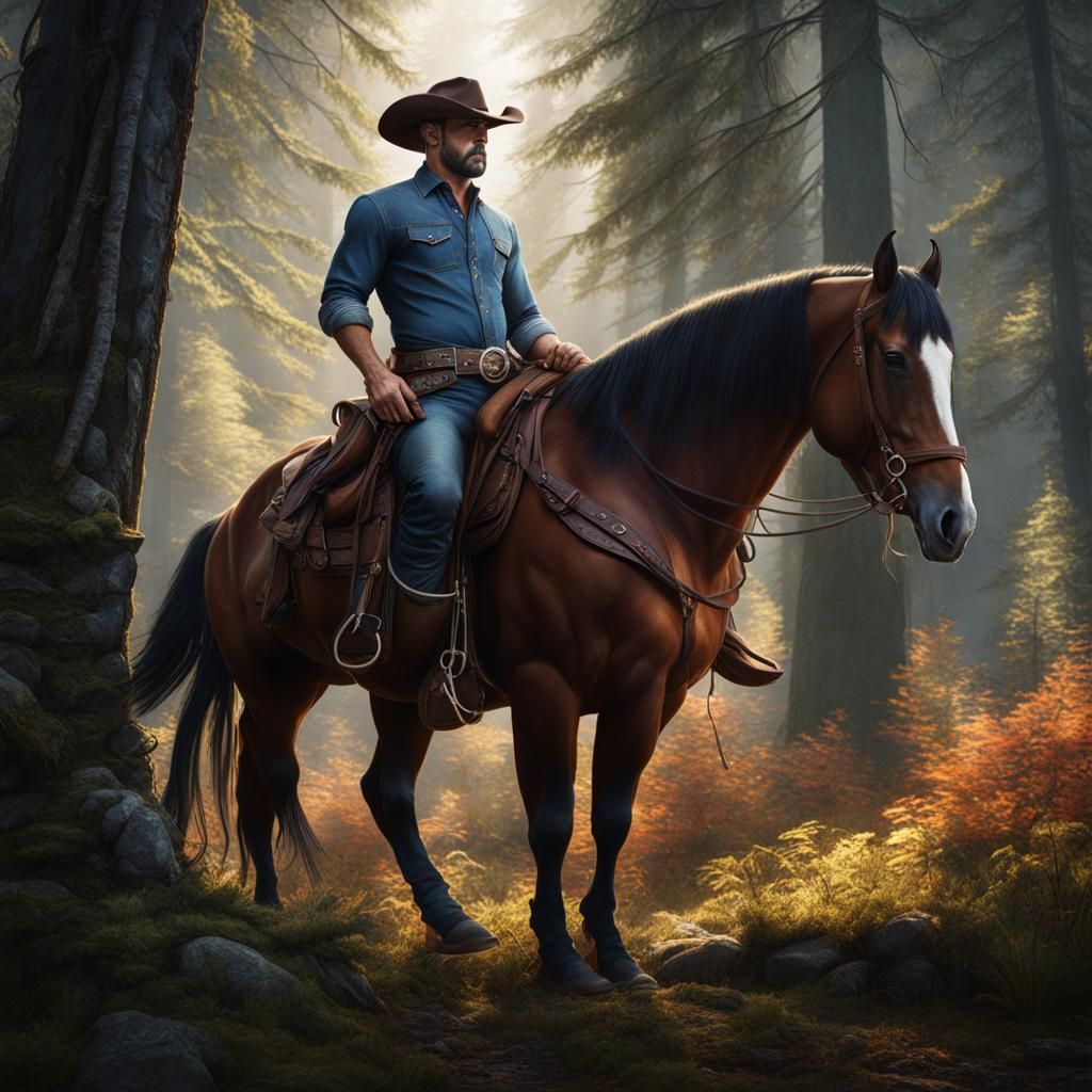 Fantastical Cowboy and Horse in Enchanted Forest