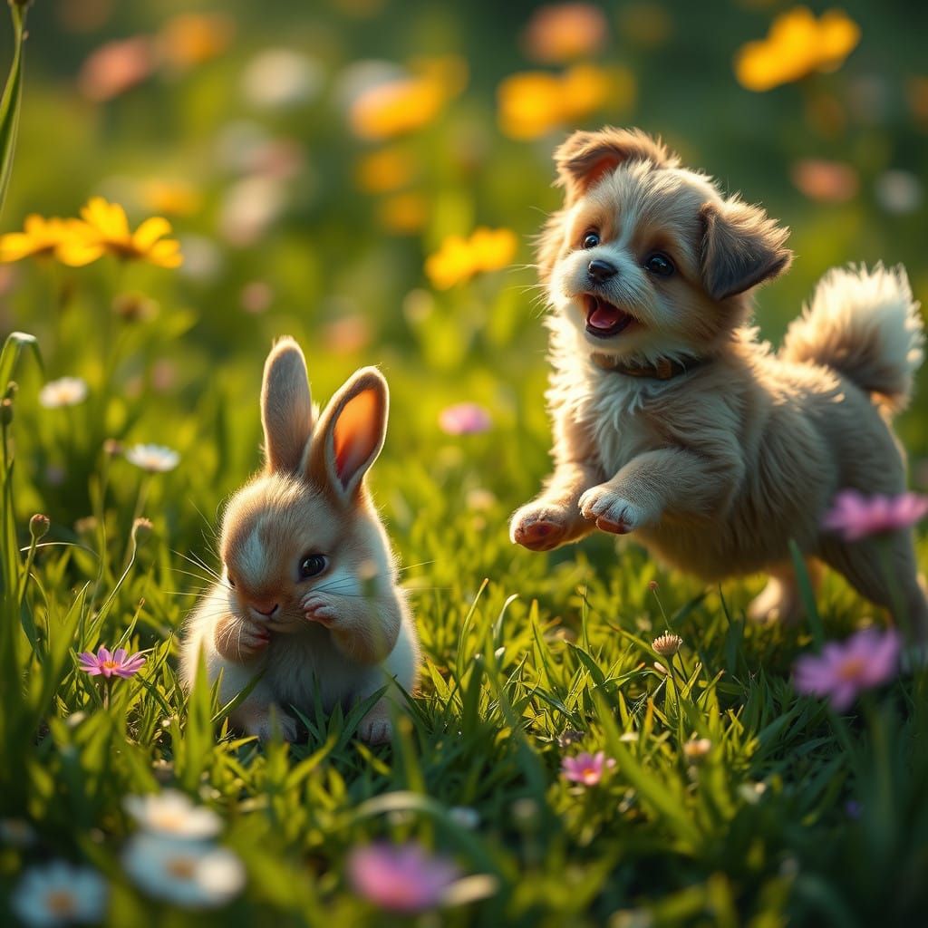 Adorable Dog and Lost Bunny in a Vibrant Meadow Scene