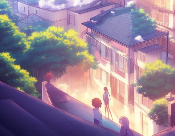 terrace village Anime Key Visual, by Makoto Shinkai, Deep Co...