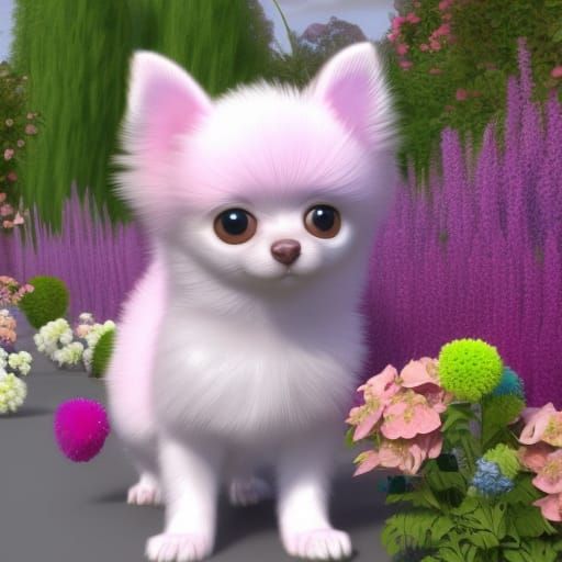 Vibrant Fantasy Dogs Stroll through a Whimsical Flower Garde...
