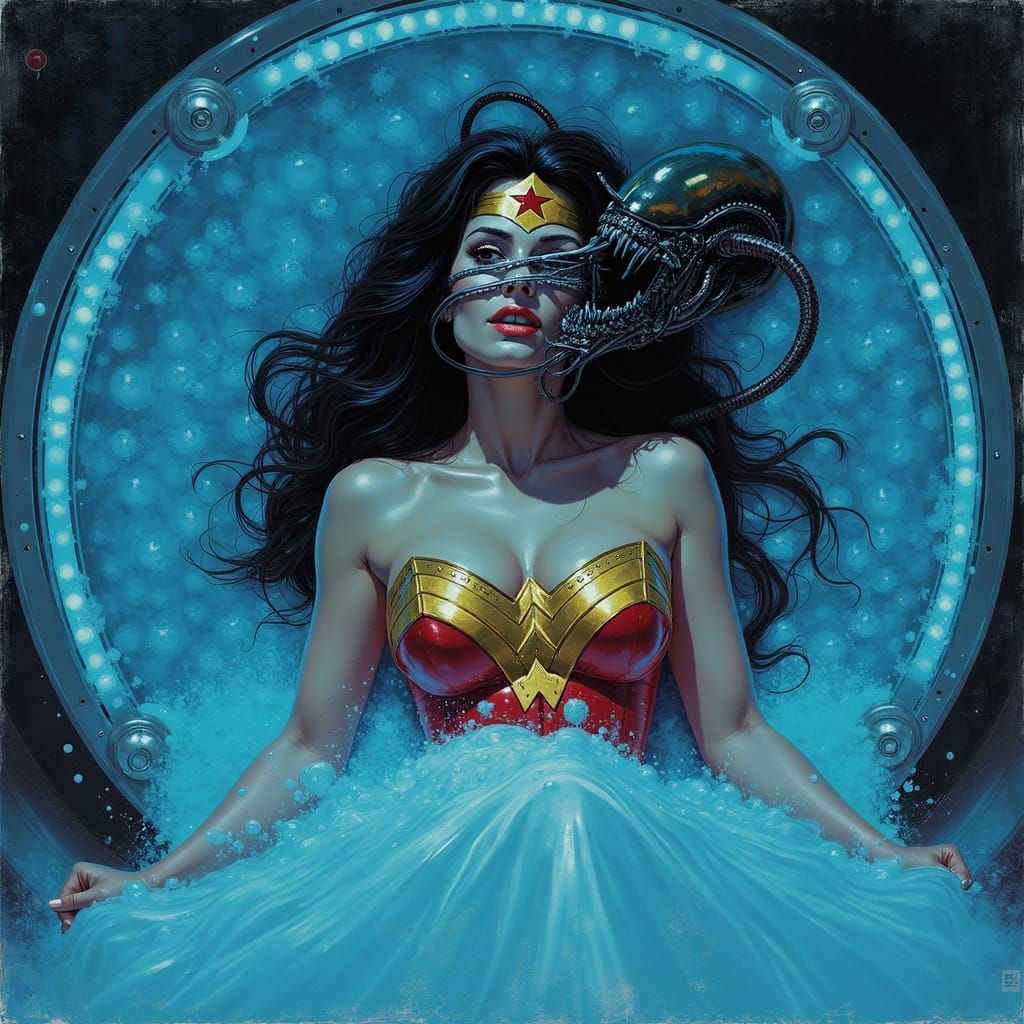 Wonder Woman and Xenomorph in Cryochamber: Sci-Fi Horror