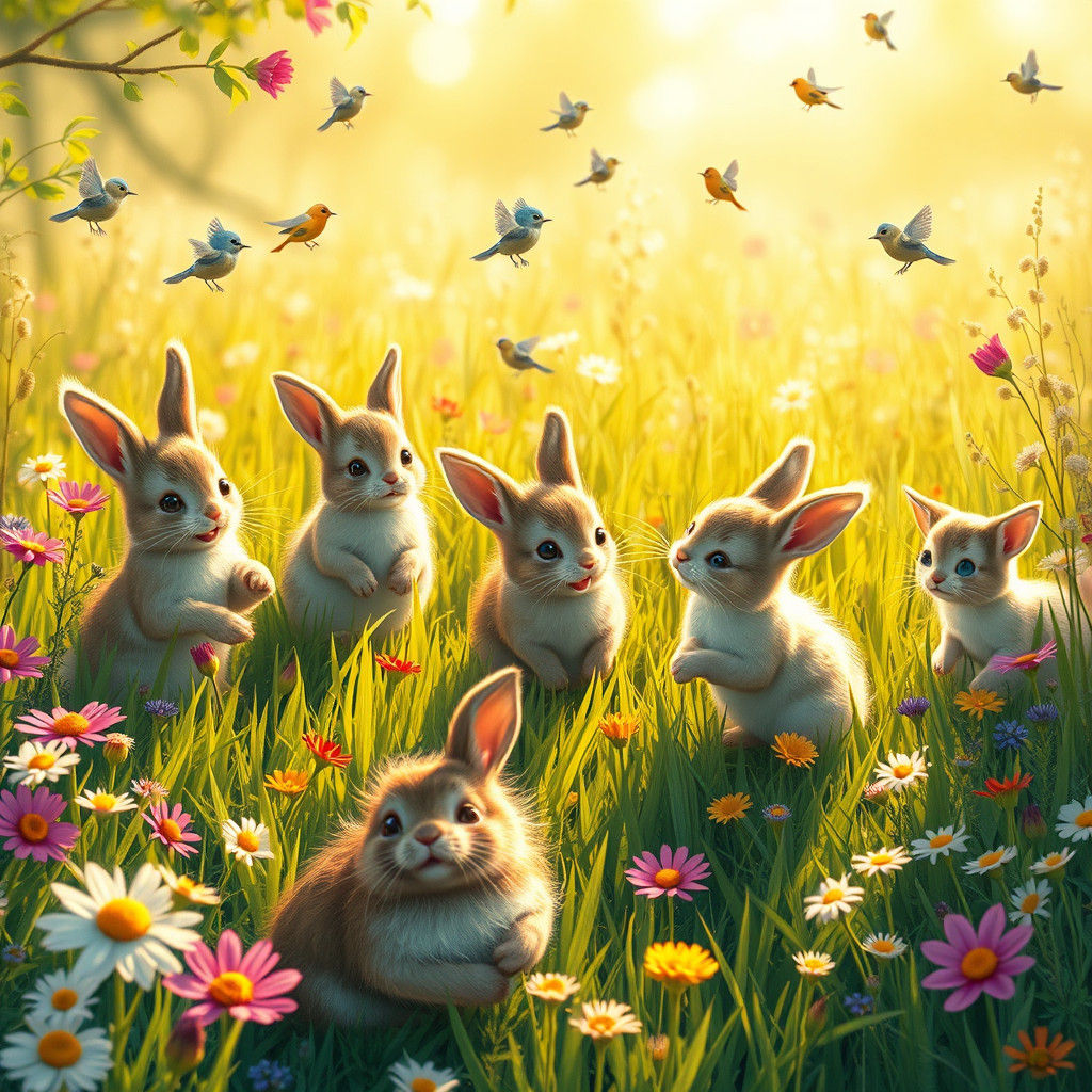 Delightful Whimsical Meadow Scene in Vibrant Colors