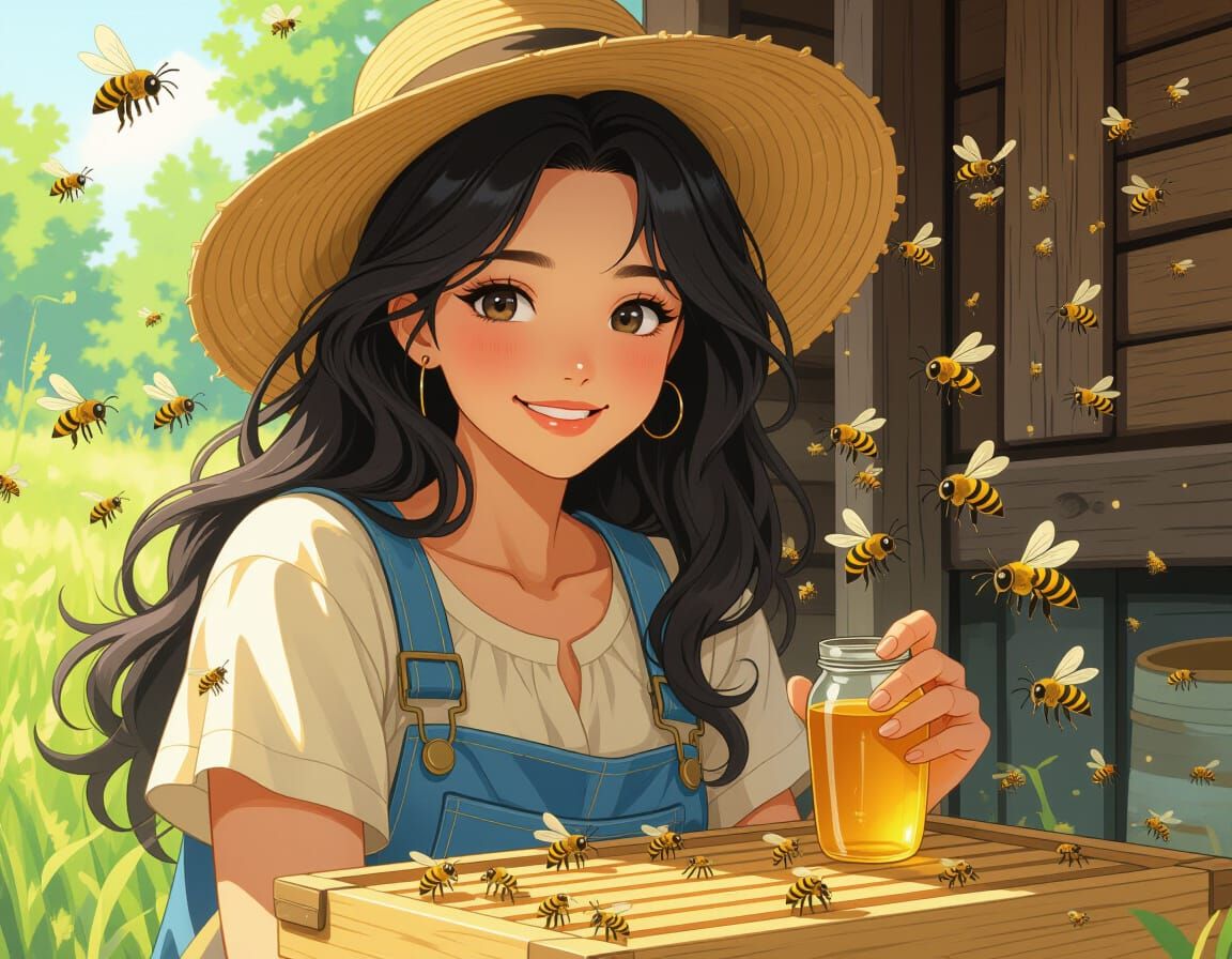 Happy Beekeeper Surrounded by Loving Bees Producing Honey