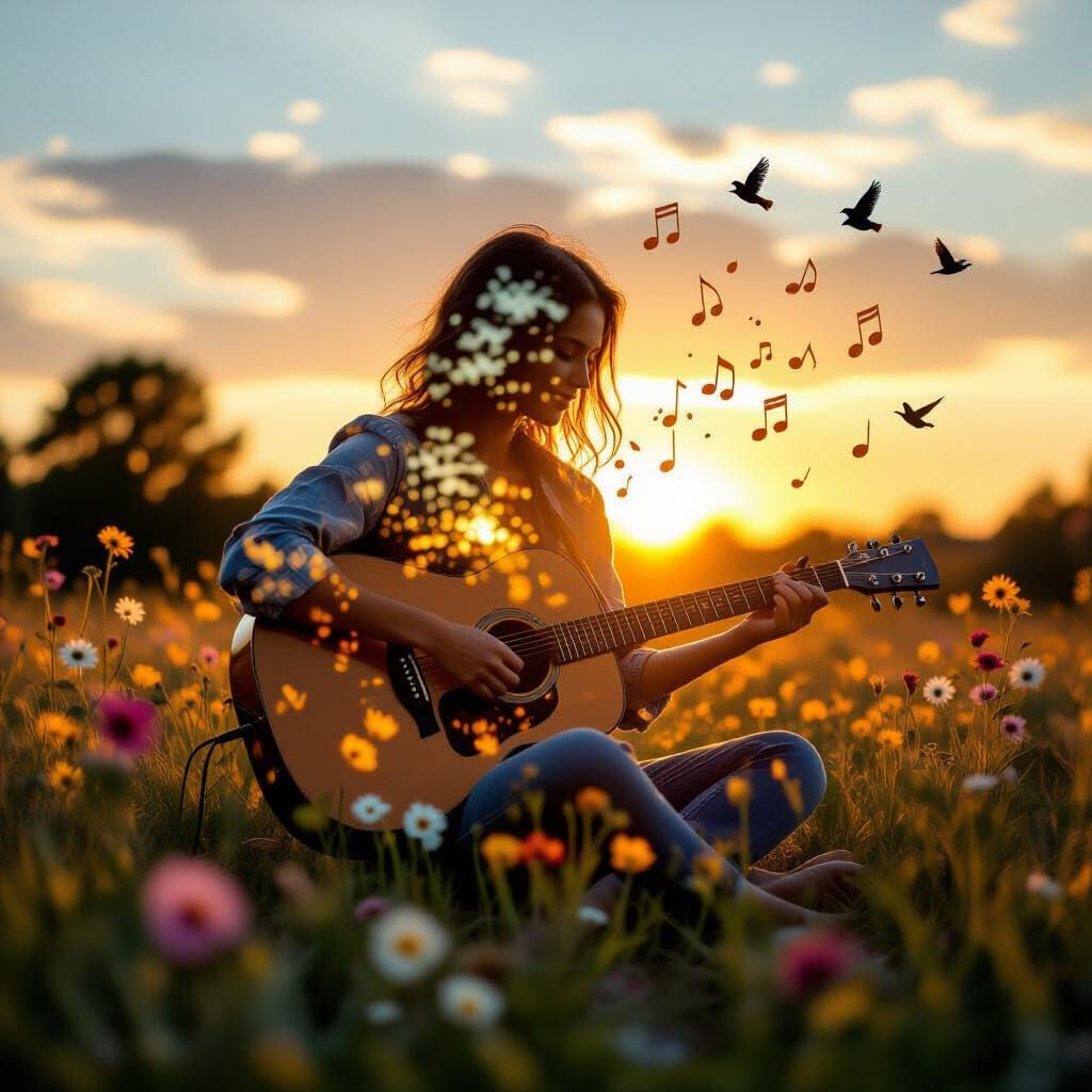 Double Exposure Silhouette: Musician in Flower Field at Suns...