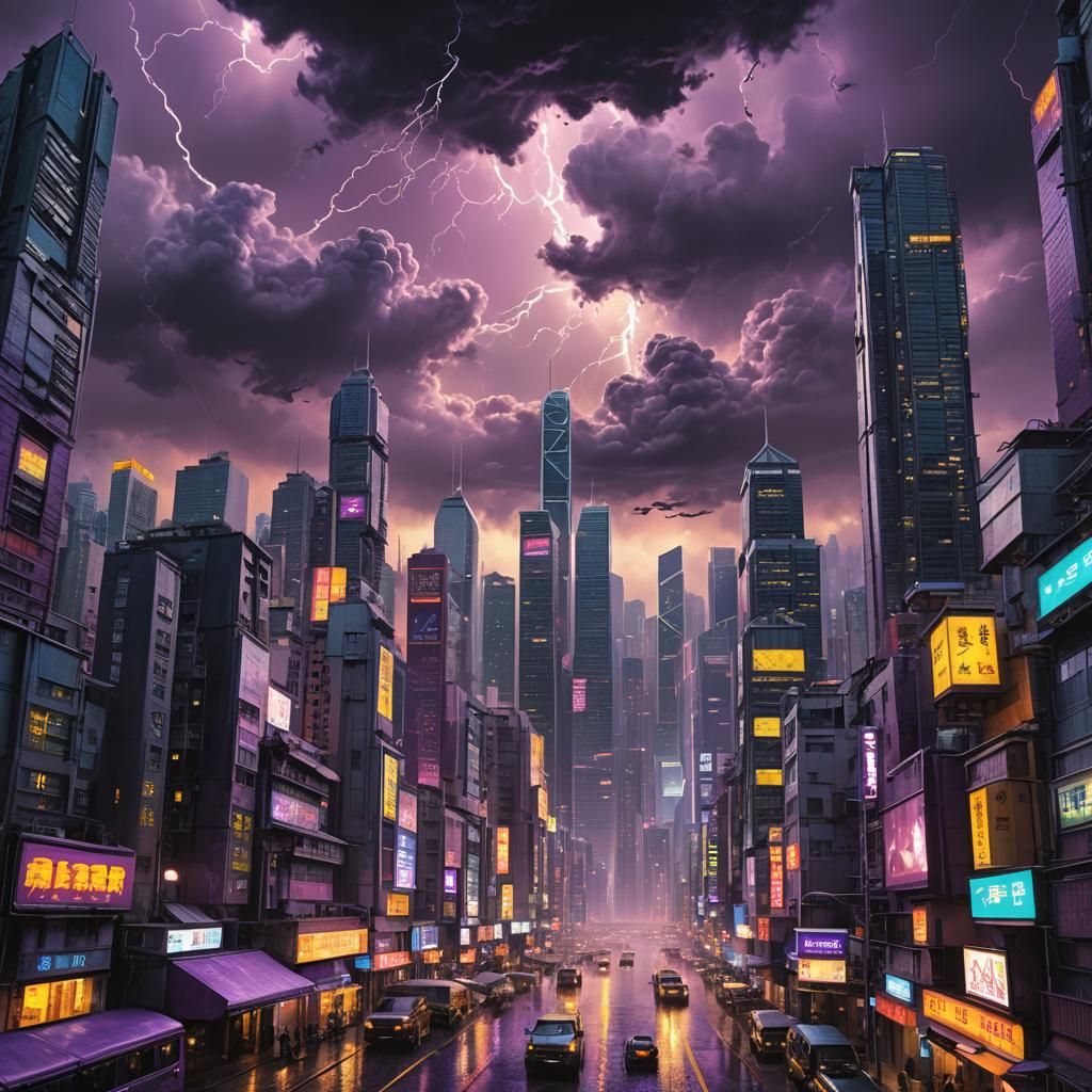 Dark Fantasy Hong Kong Cityscape Under Alien Invasion