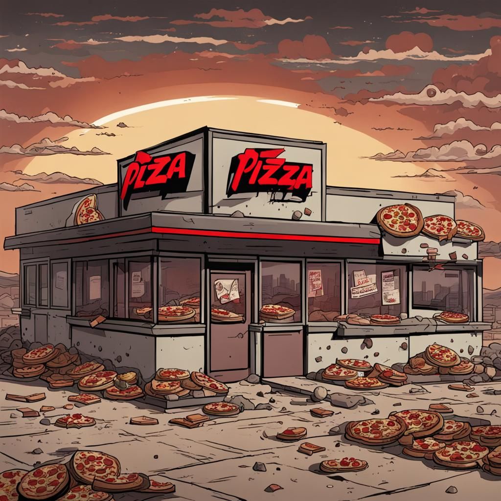 Abandoned Pizza Hut Ruins Amidst Post-Apocalyptic Wasteland