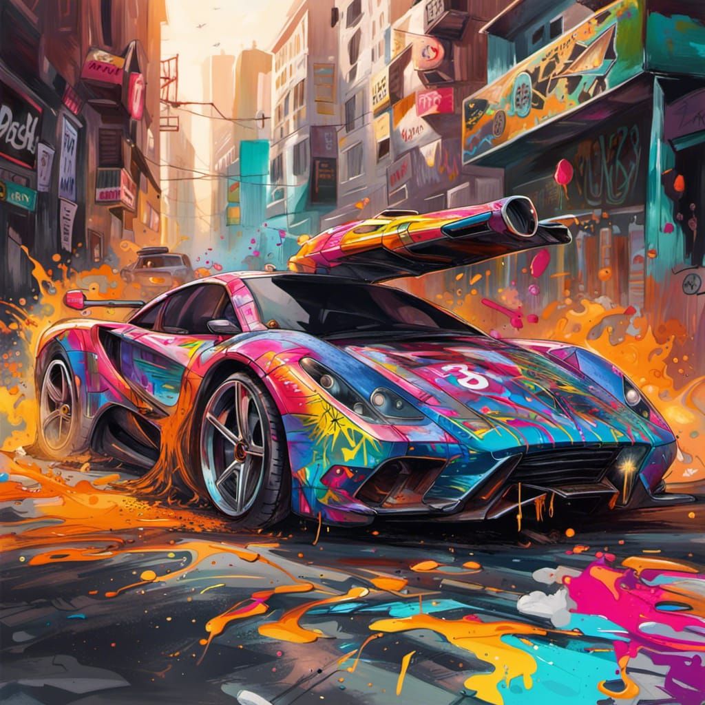 Cyberpunk Super Car Unleashed in Neon Street Art