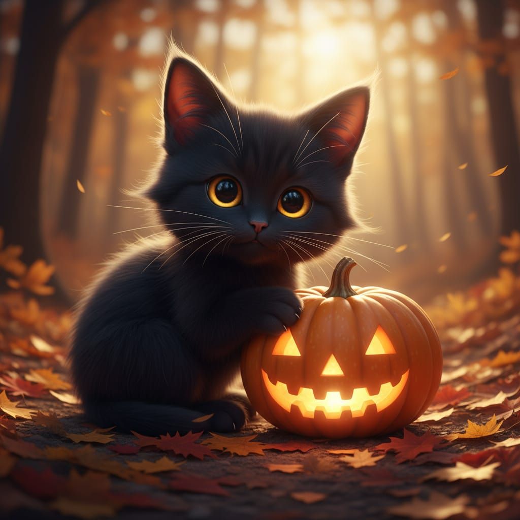 Autumn Kitten and Pumpkin in Golden Light