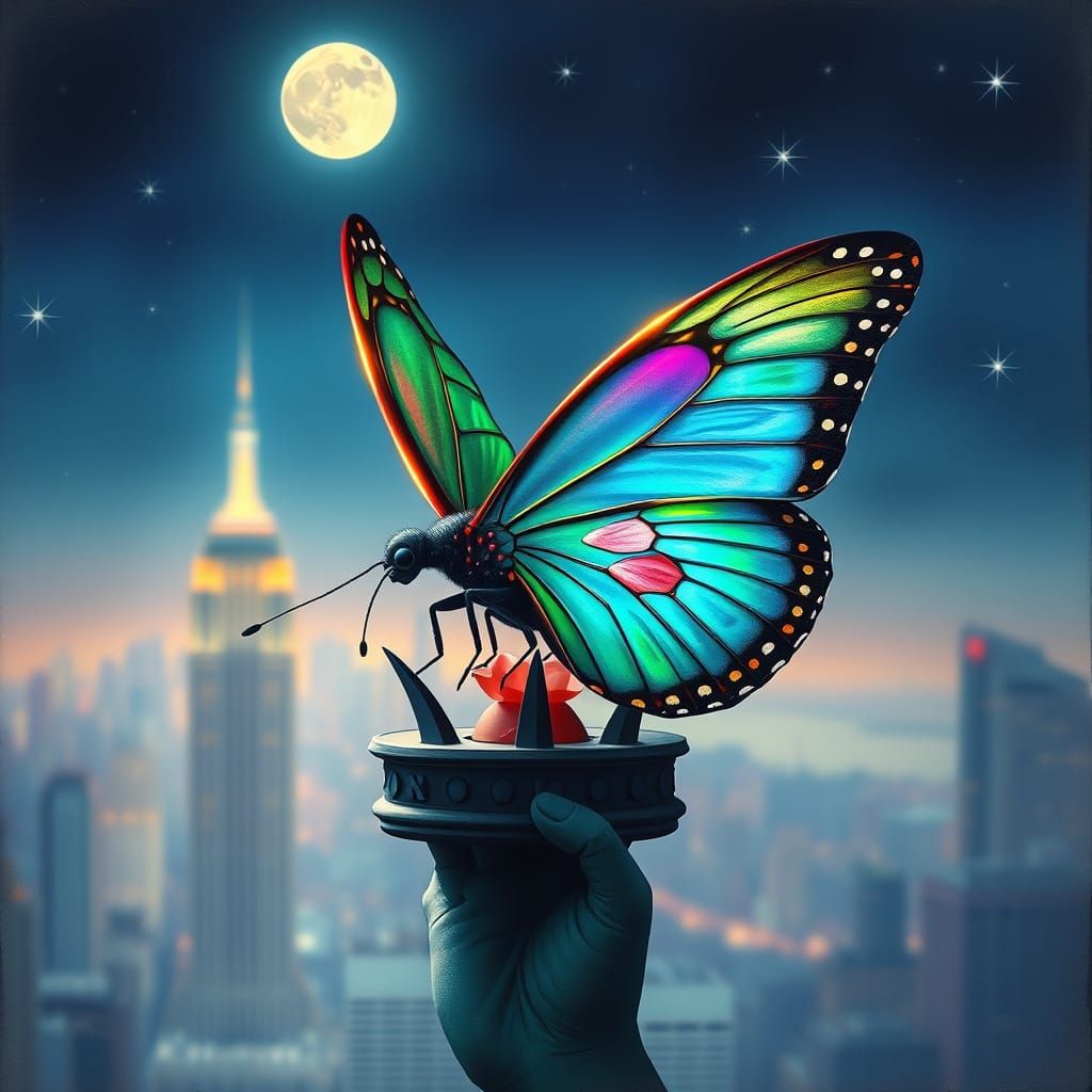Majestic Butterfly Shines on Statue of Liberty Torch