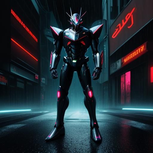 Cyberpunk Beetle in Kamen Mazinger Suit Under Neon City Ligh...