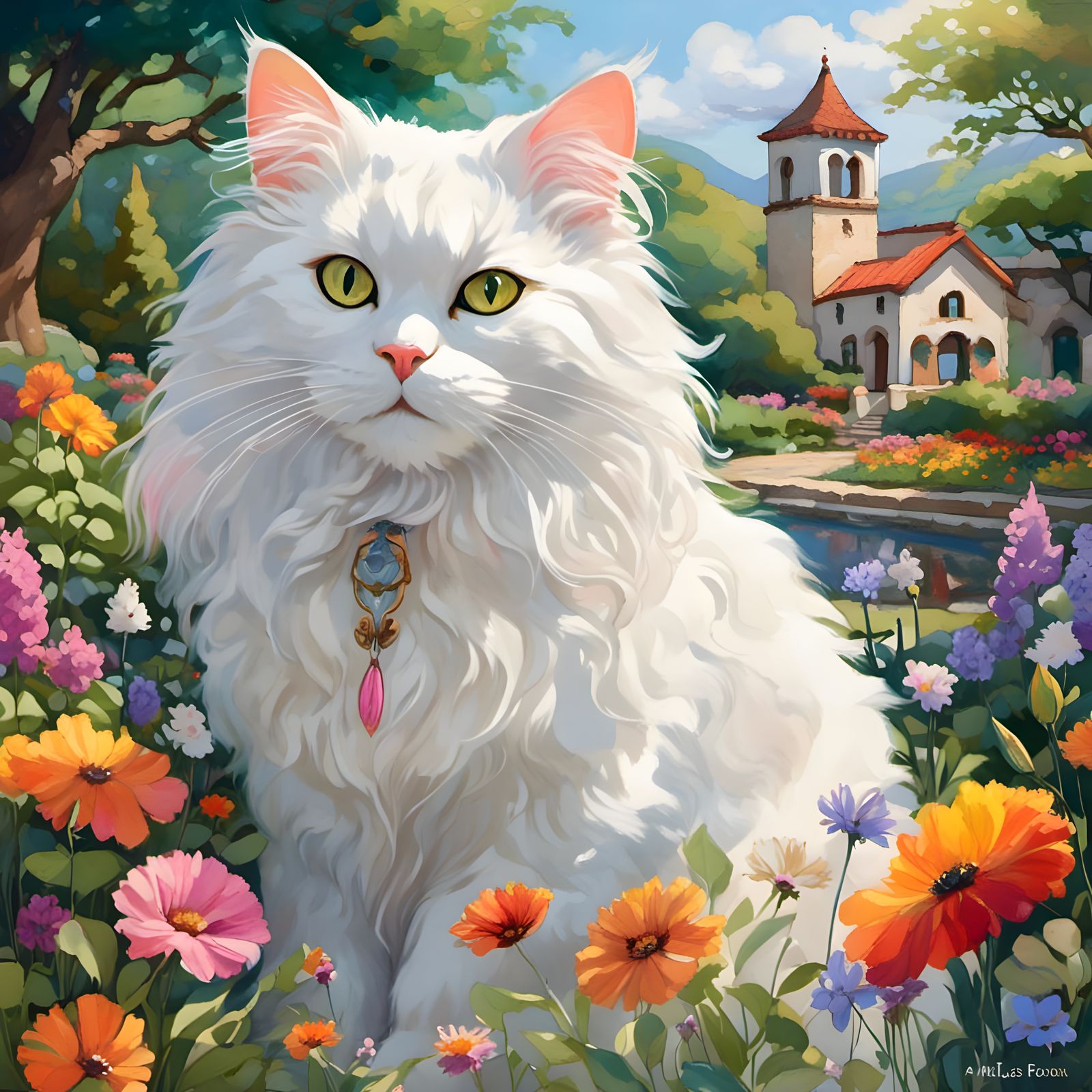 Serene Garden Cat in Anime-Inspired Hyperrealism