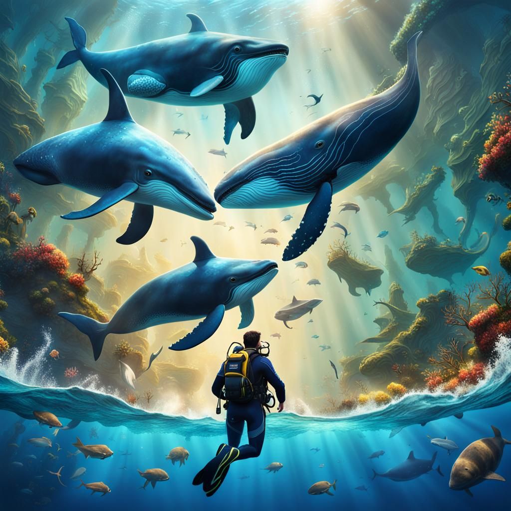 Surreal Divers Dive with Majestic Whales in a Fantastical De...