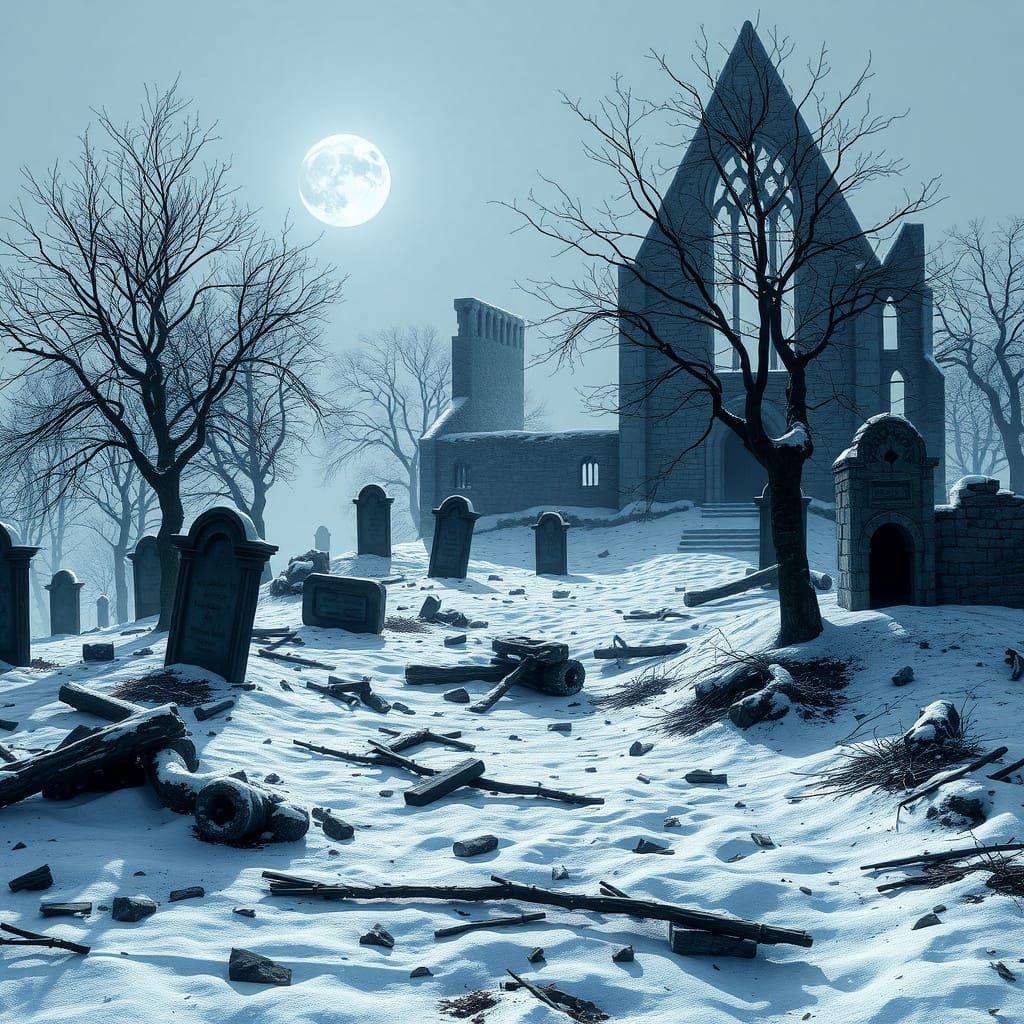Gothic Ruin Under Moonlit Snowfall