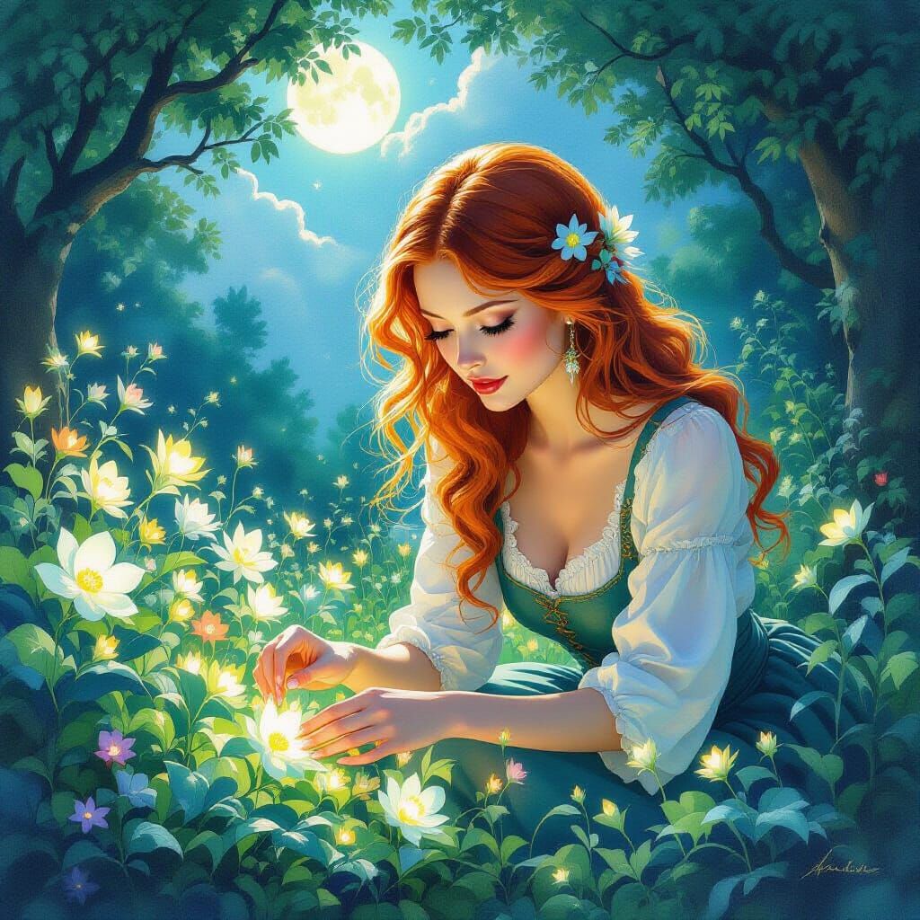 Red-Haired Woman Tends Bioluminescent Garden in Moonlight