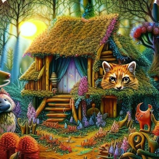 Whimsical Cabin Scene in Watercolor Style