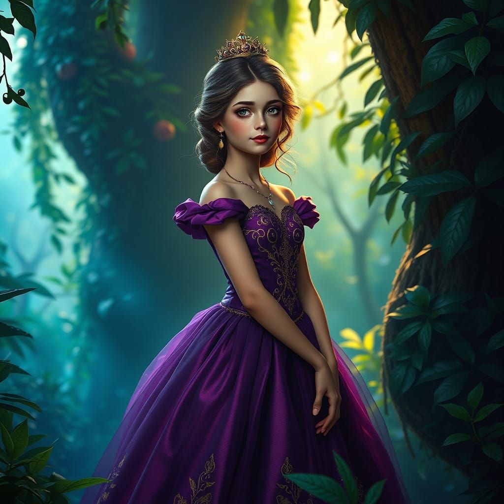 Dreamlike Princess in a Whimsical, Plum-Purple Gown