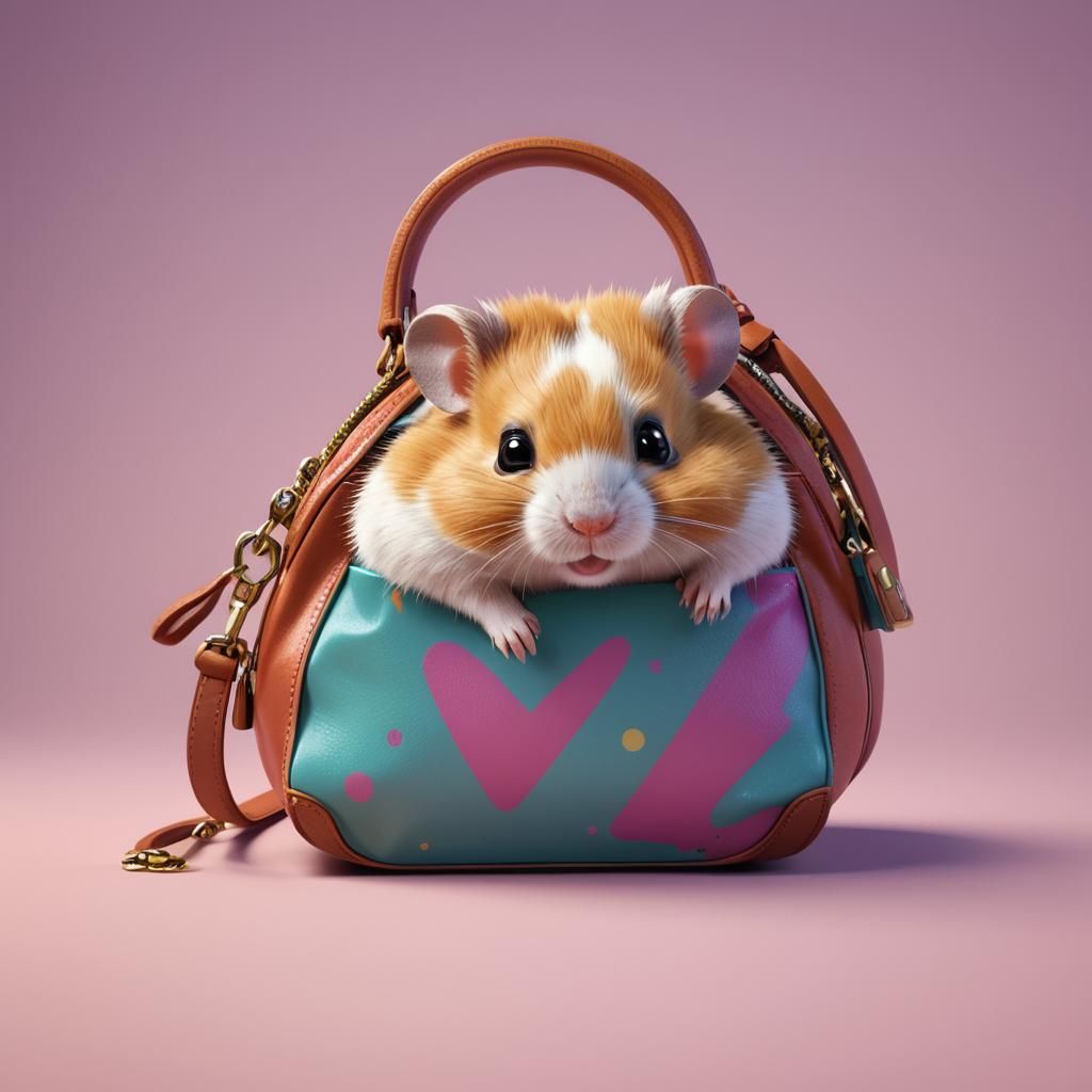 Cute Hamster Emerges from Vibrant Purse in Cyberpunk Digital...