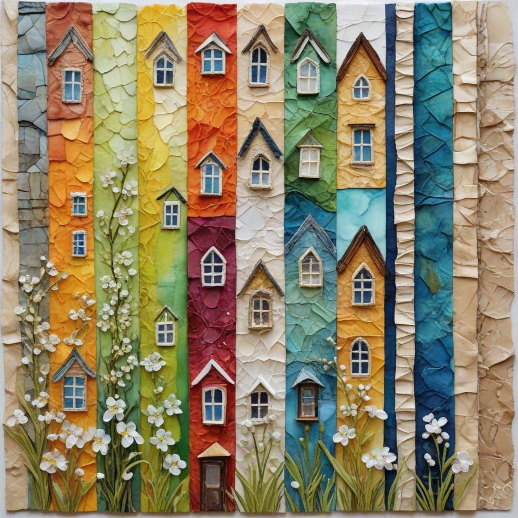 Whimsical Collage of Miniature Houses in Vibrant Textures