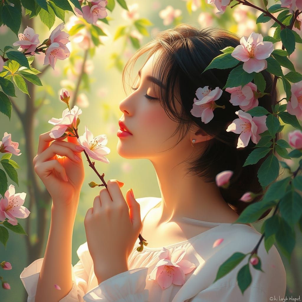 Woman Surrounded by Cherry Blossoms in Serene Nature Scene