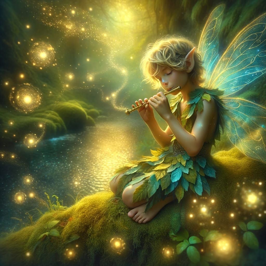 Dreamlike Fairy Boy Plays Golden Flute in Enchanted Forest