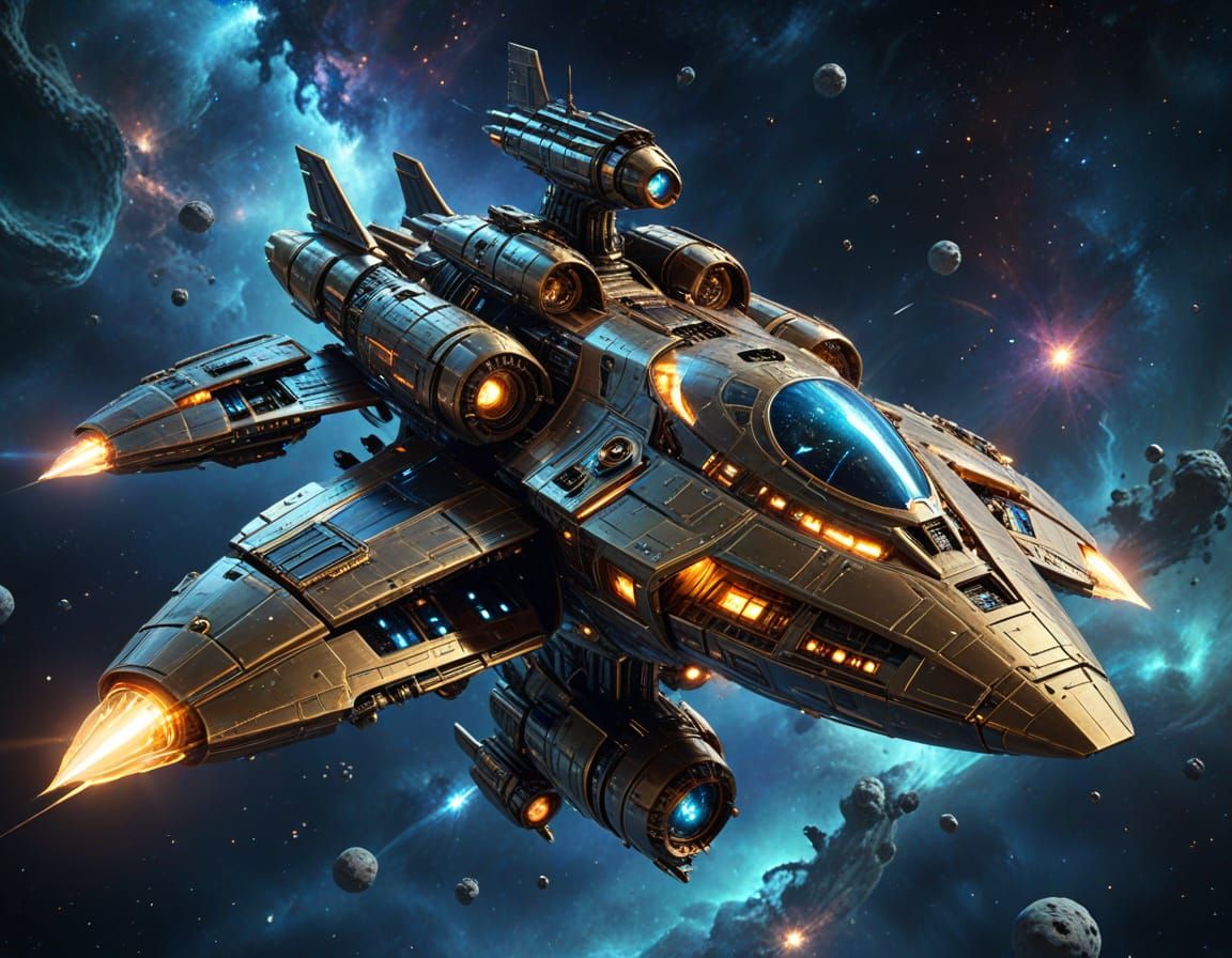 Futuristic Starship Soaring Through Nebula in 3D Style