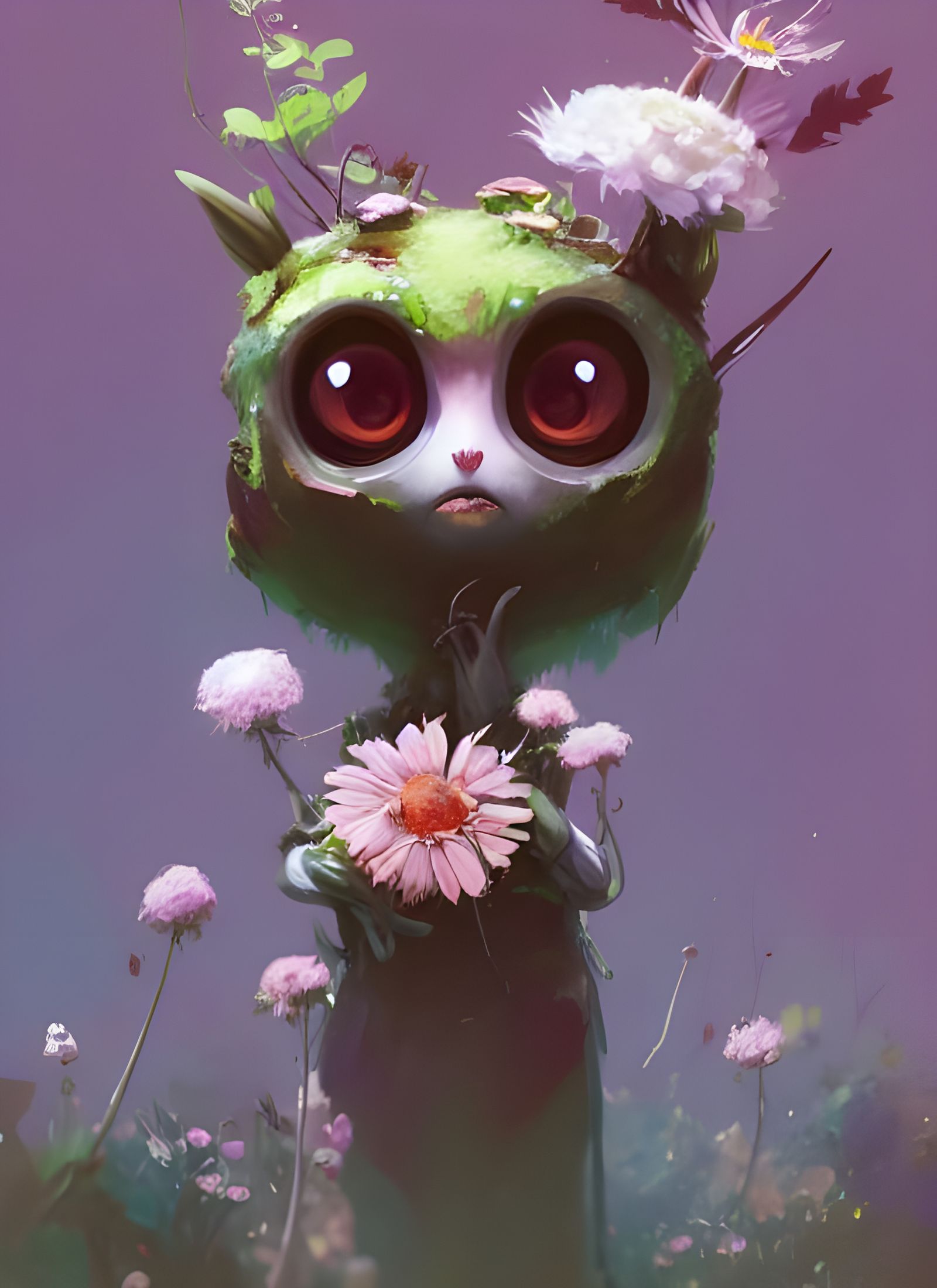 Whimsical Forest Spirit Holding a Delicate Flower