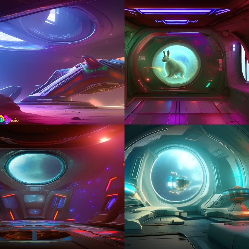 Surreal Spaceship Interior Featuring a Glowing Rabbit Hologr...