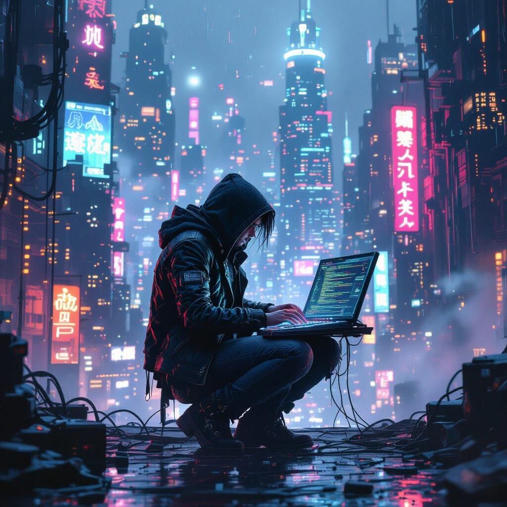 Cyberpunk Hacker in Neon Cityscape