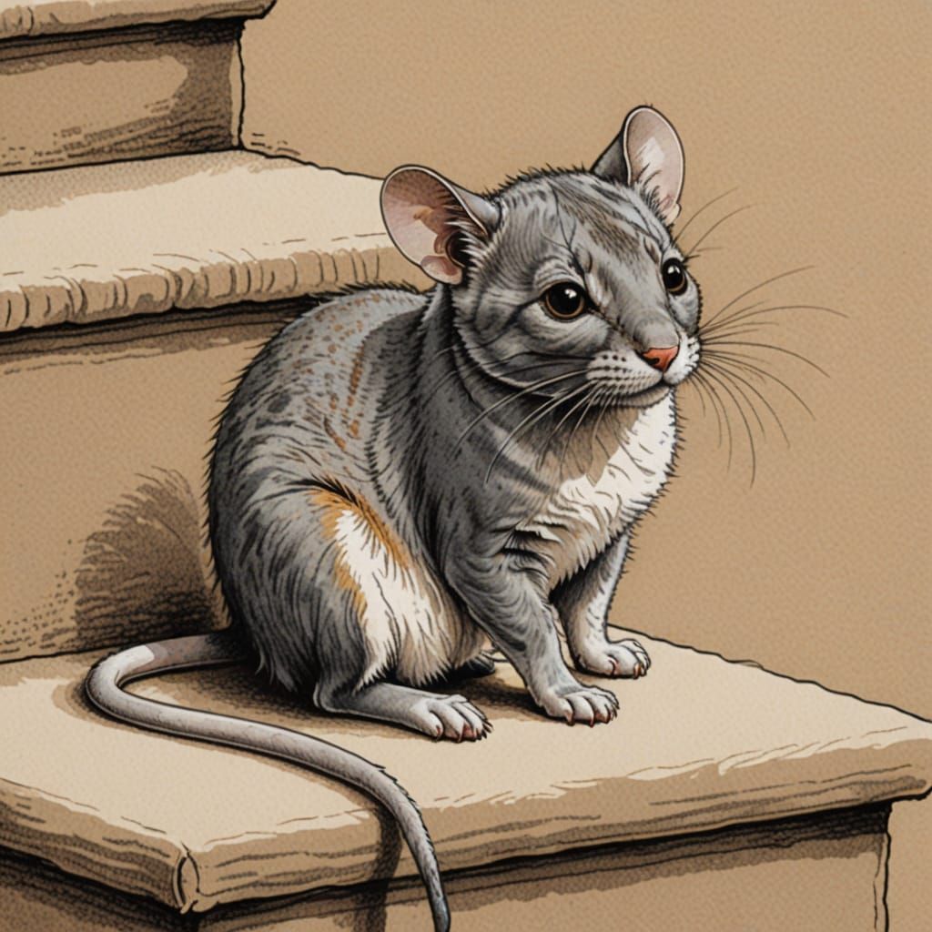 Grey Mouse Hybrid Masterpiece on Beige Stairs