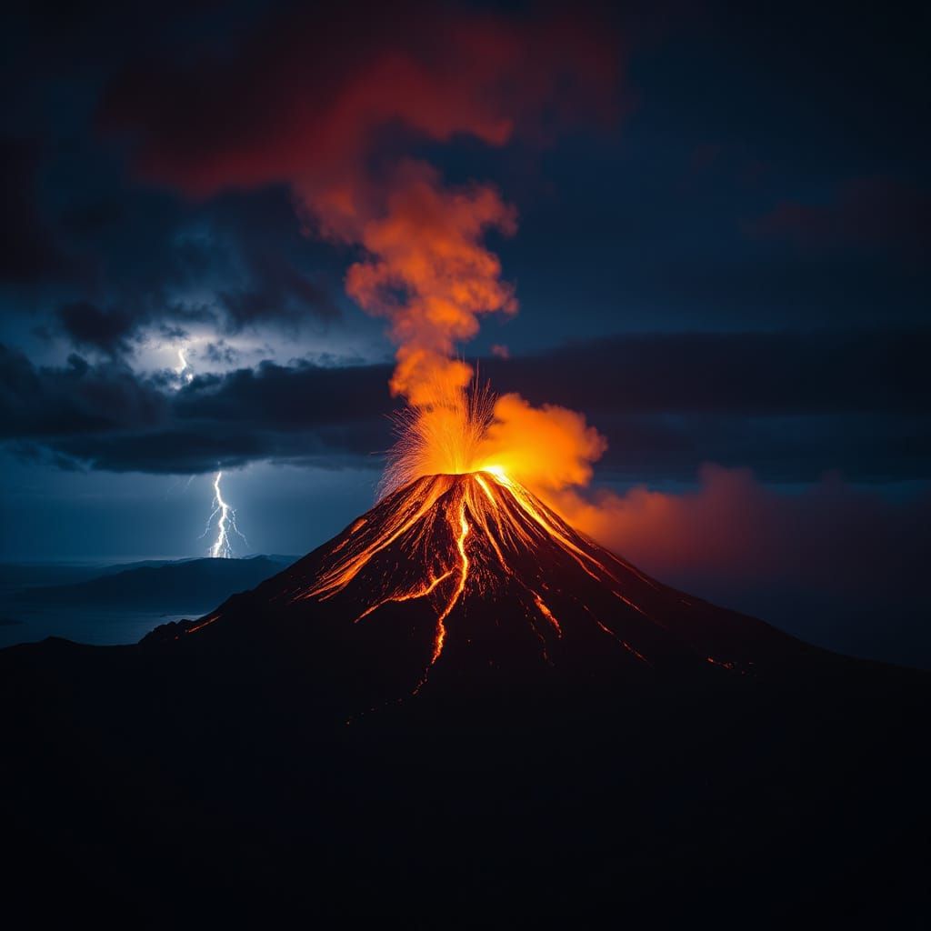 Volcano Erupts on a Dark Island Under Starry Skies