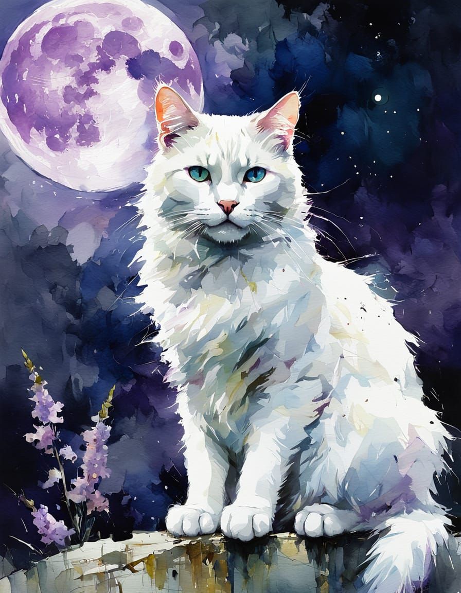 Whimsical Watercolor Cat in Front of a Majestic Full Moon