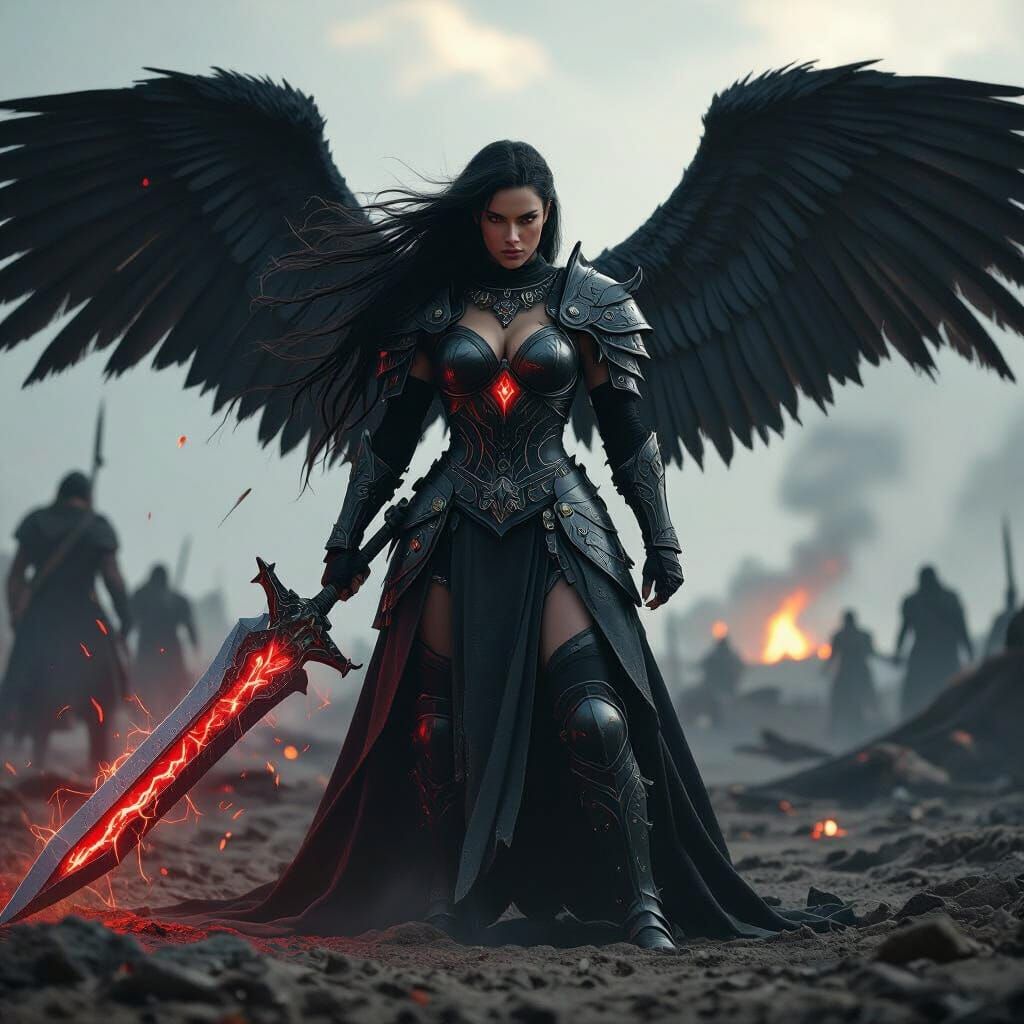 Fierce Warrior Woman with Greatsword on Battlefield