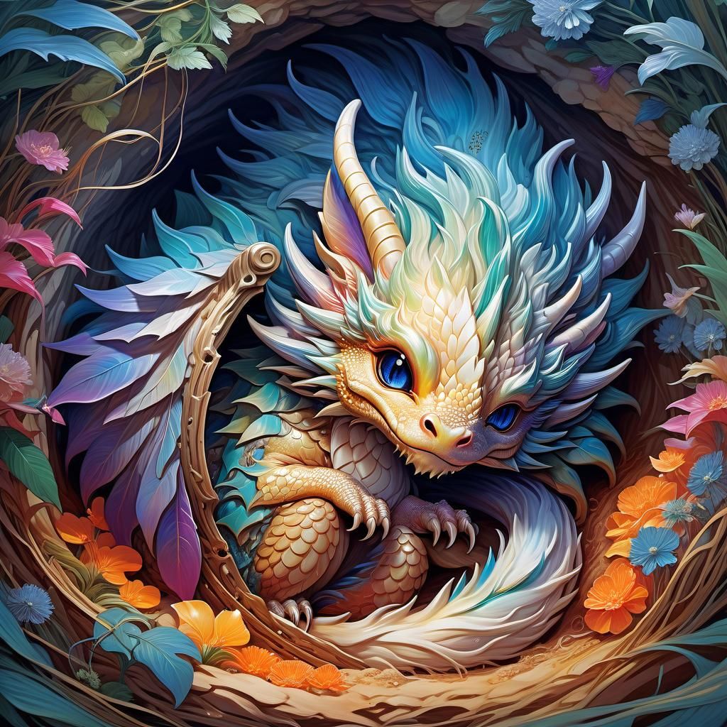 Chibi Dragon Slumbers in Vibrant Burrow