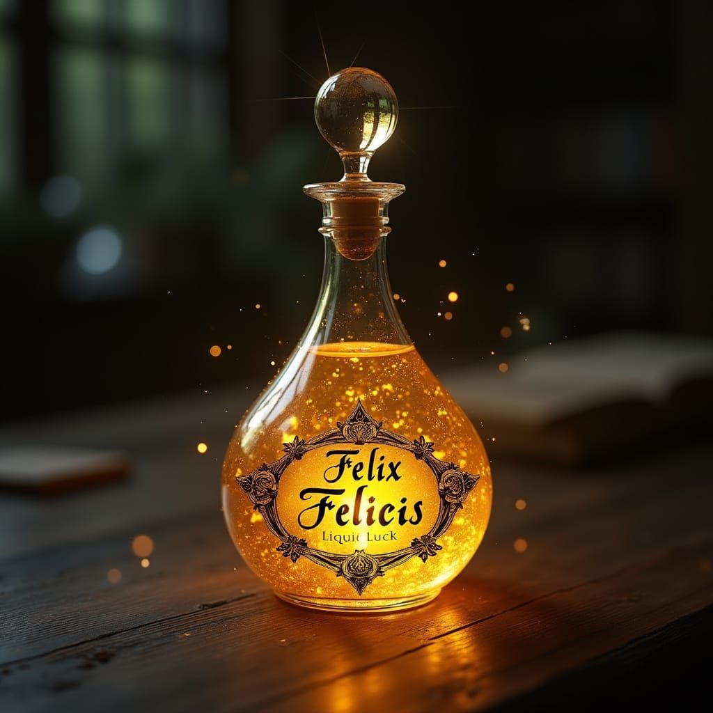 Elegant Whimsical Potion Bottle in Golden Liquid with Enchan...