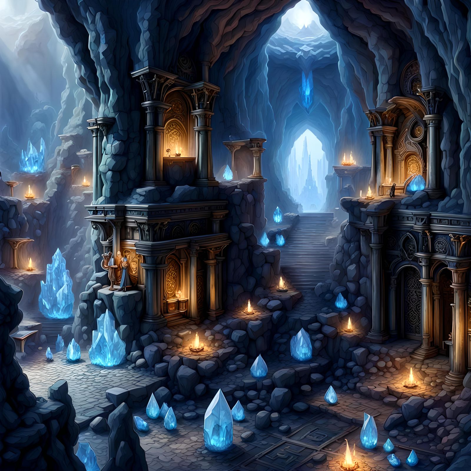 Ultradetailed maximalist Mines of Moria, blue crystals, in t...