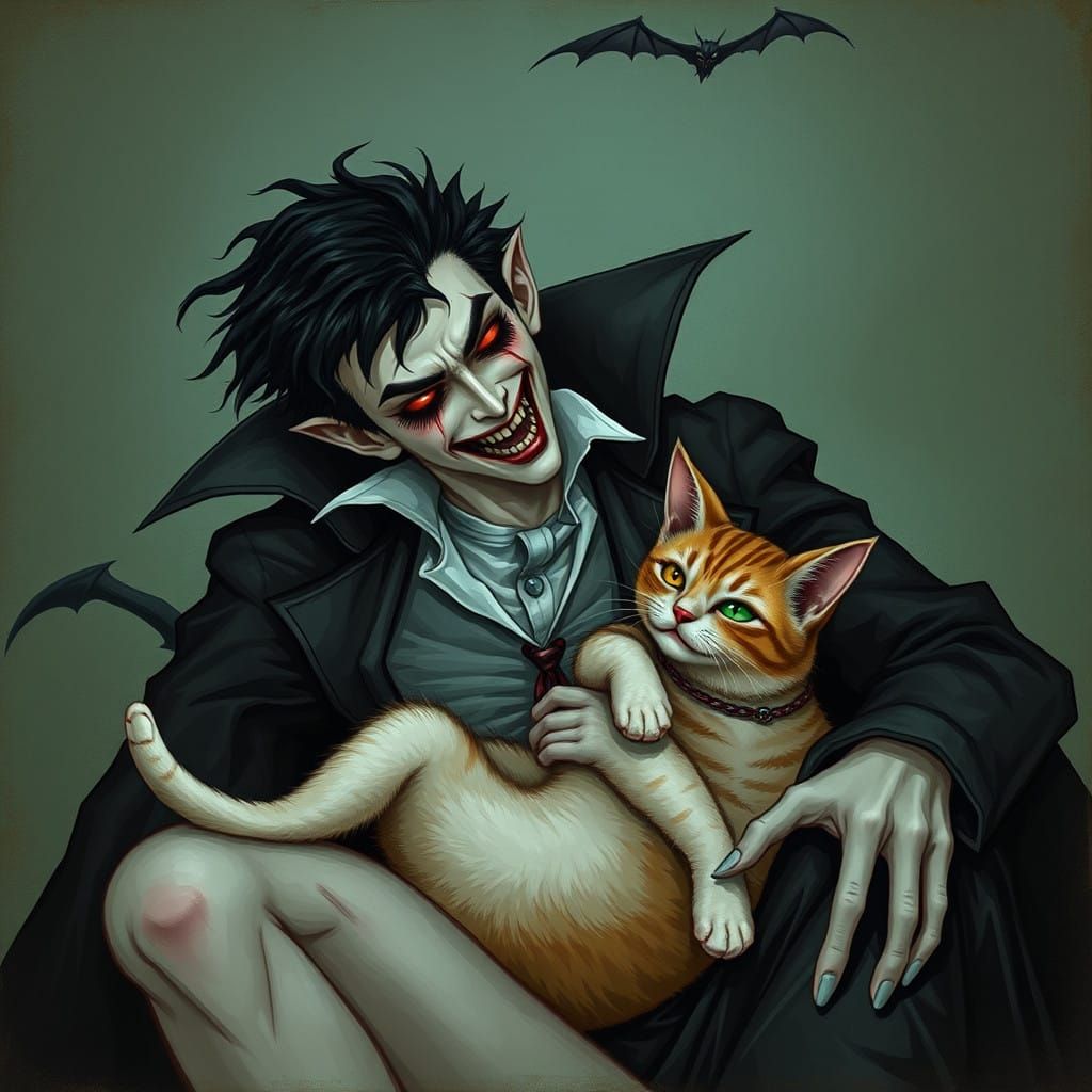 Gothic Vampire Enjoys Whimsical Moment with Feline Companion