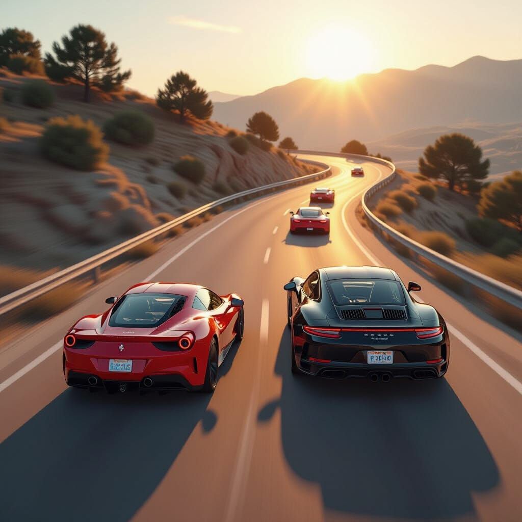 Red Ferrari and Black Porsche Speeding on Winding Road